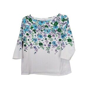 Talbots Plus Cotton/Spandex White Floral Boat Neck T-Shirt Size 1X
